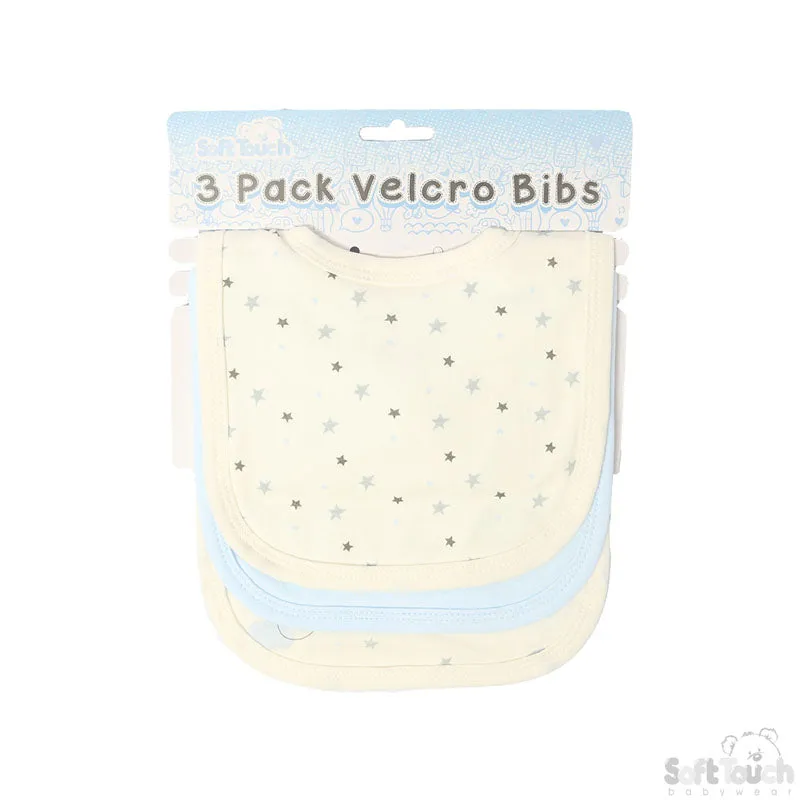 3 PACK VELCRO BIBS - Plain, Clouds & Stars (PK6) CC102-B