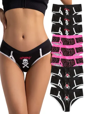 9-Piece Gothic Skull Womens Low-Waist Seamless Briefs - Soft, Breathable Sports Lingerie
