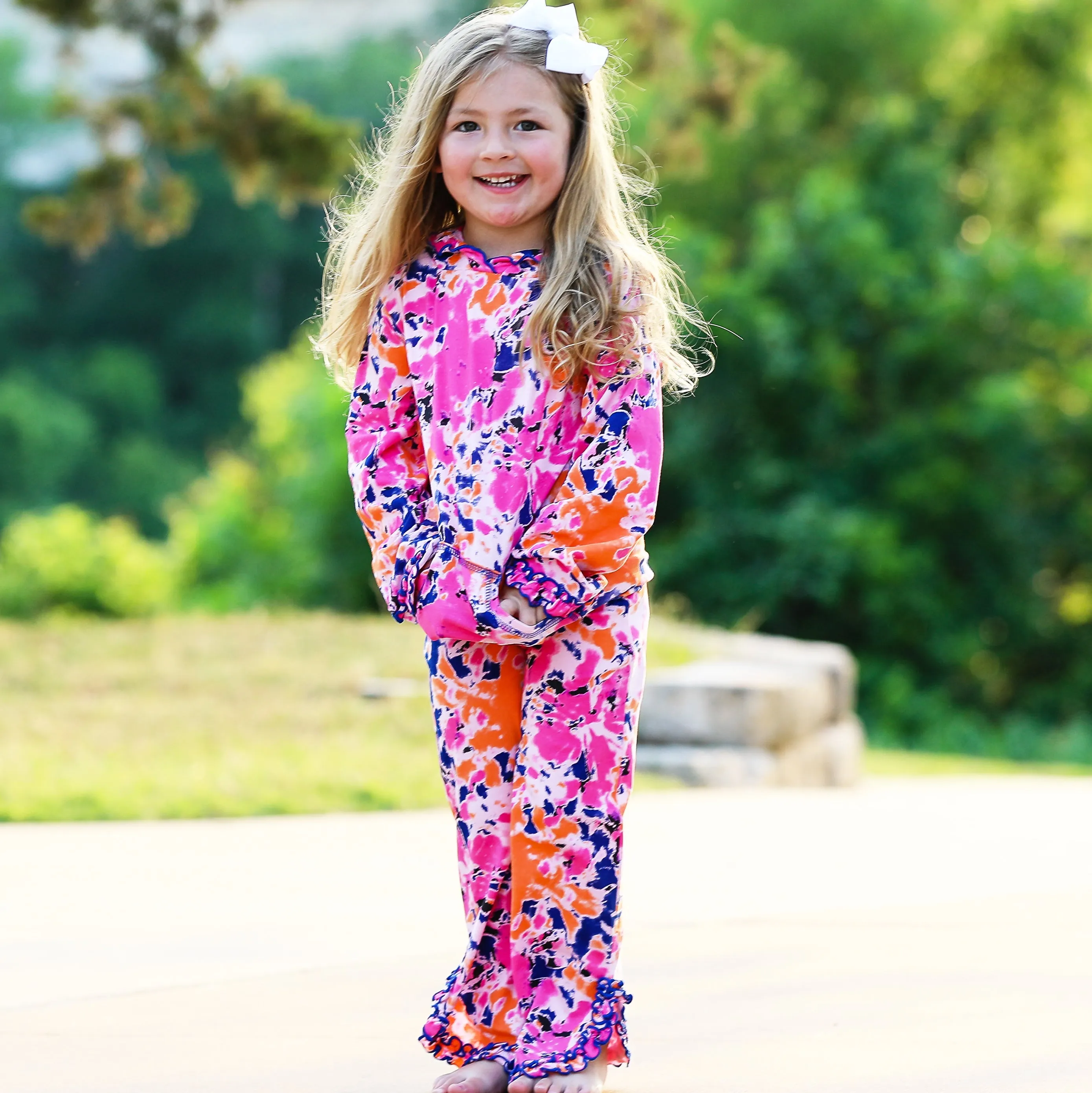 AnnLoren Girls Pink, Orange & Purple Tie Dye Ruffle Hoodie 2 Pc
