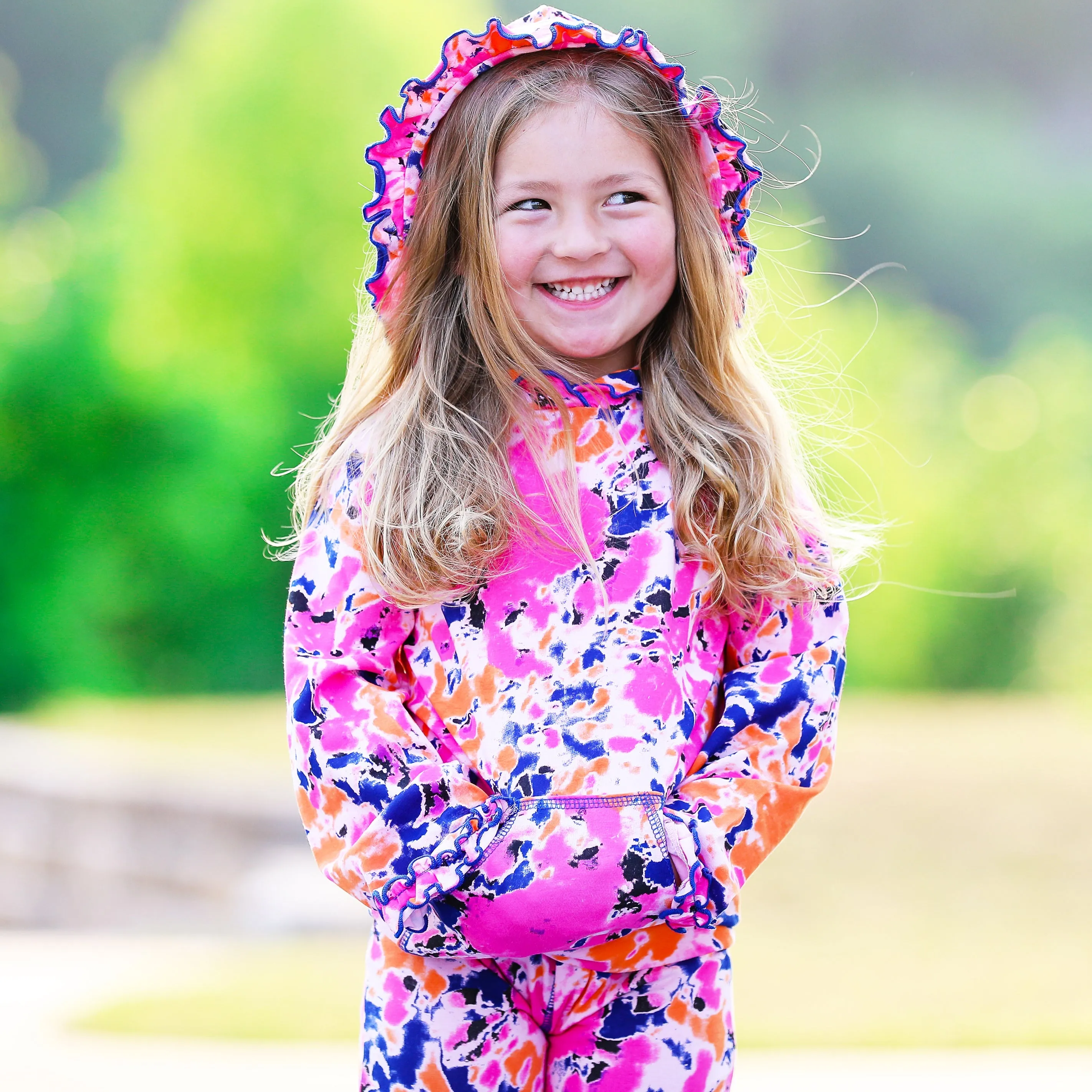 AnnLoren Girls Pink, Orange & Purple Tie Dye Ruffle Hoodie 2 Pc