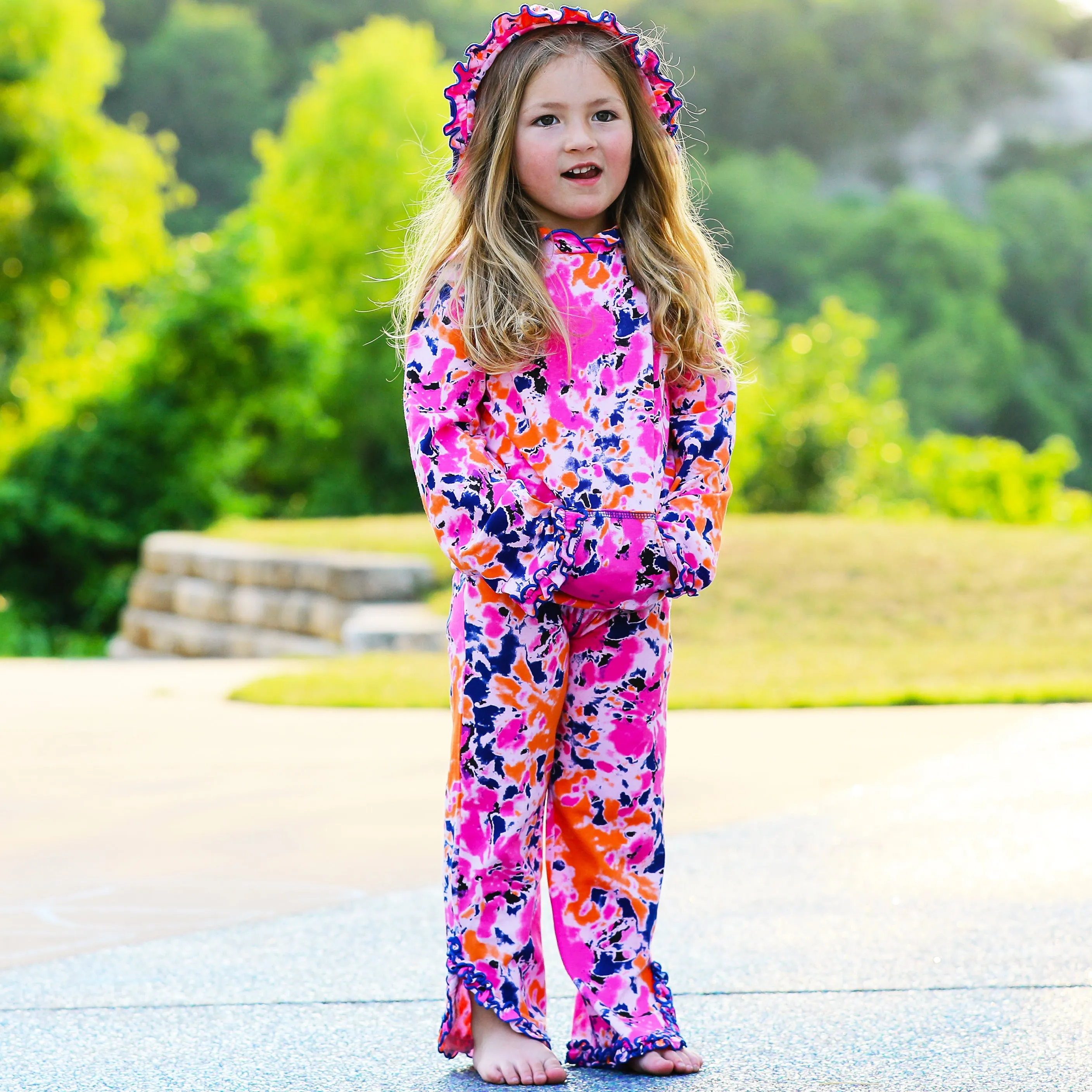 AnnLoren Girls Pink, Orange & Purple Tie Dye Ruffle Hoodie 2 Pc