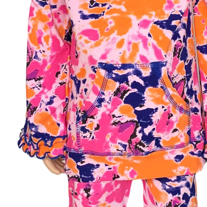AnnLoren Girls Pink, Orange & Purple Tie Dye Ruffle Hoodie 2 Pc