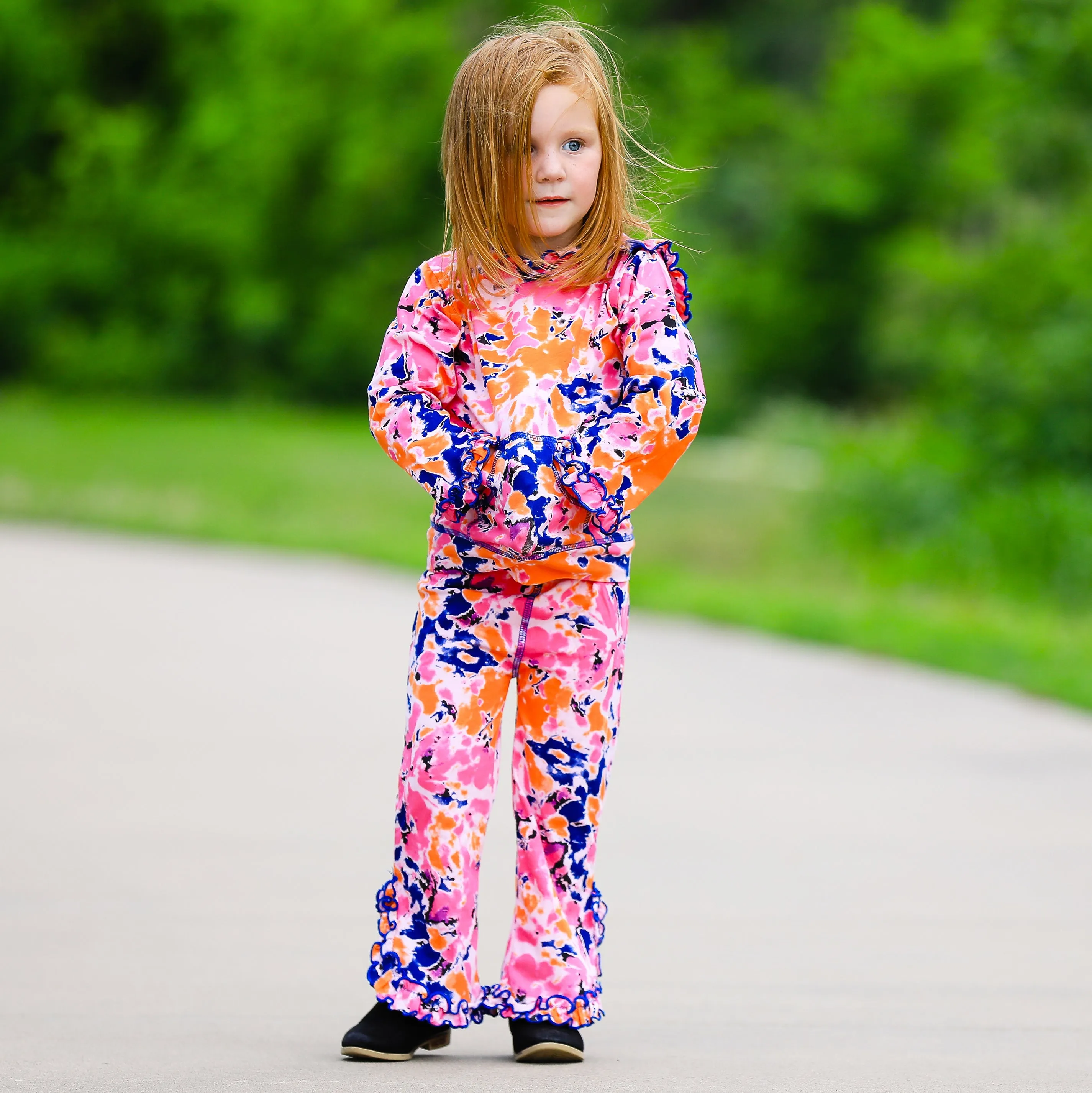 AnnLoren Girls Pink, Orange & Purple Tie Dye Ruffle Hoodie 2 Pc