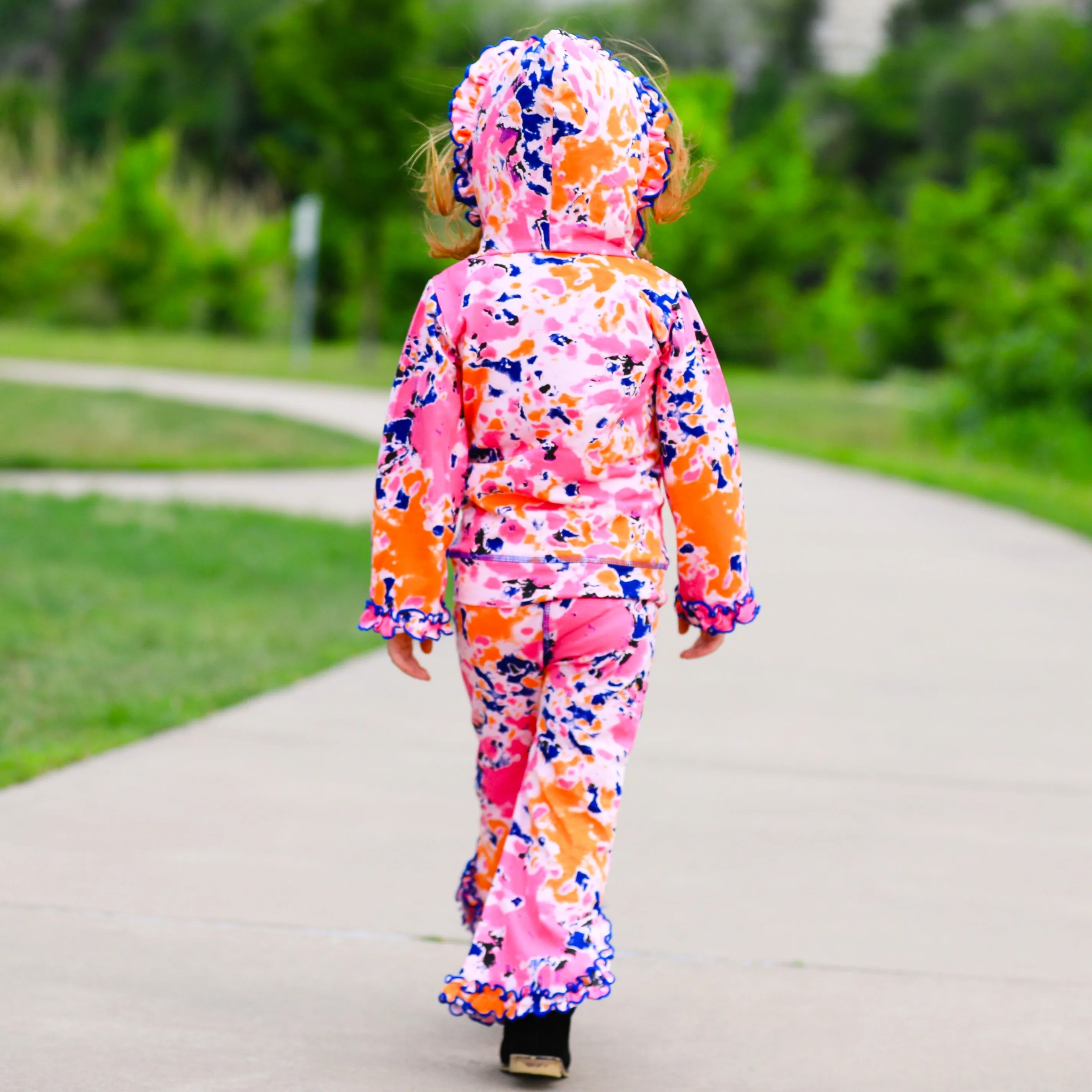 AnnLoren Girls Pink, Orange & Purple Tie Dye Ruffle Hoodie 2 Pc