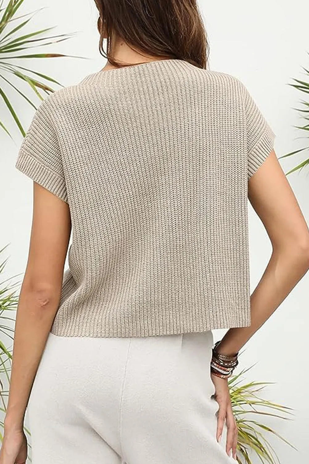 Apricot khaki Patch Pocket Loose Short Sleeve Sweater