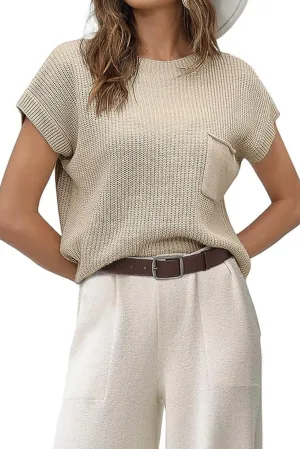 Apricot khaki Patch Pocket Loose Short Sleeve Sweater