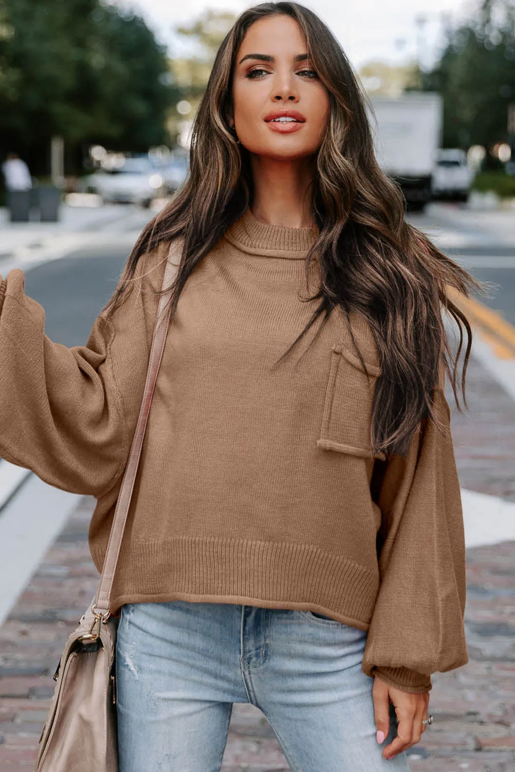 Apricot Raw Edge Patch Pocket Exposed Seam Loose Sweater