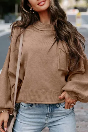 Apricot Raw Edge Patch Pocket Exposed Seam Loose Sweater