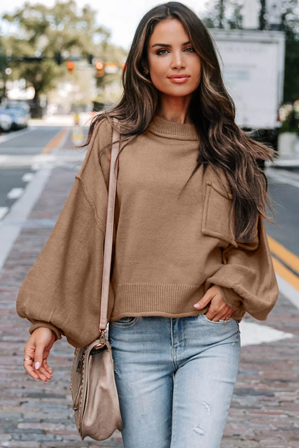 Apricot Raw Edge Patch Pocket Exposed Seam Loose Sweater