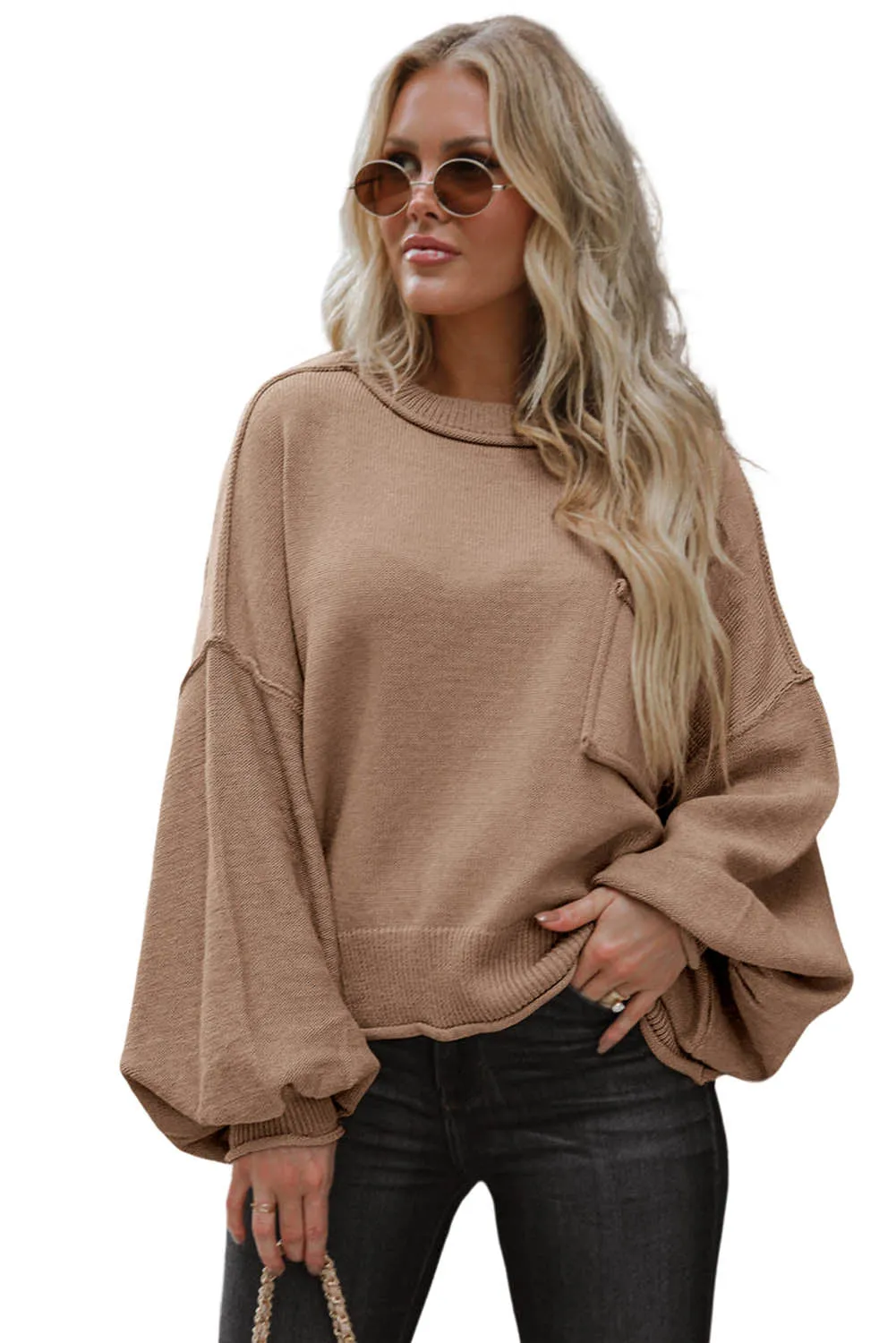 Apricot Raw Edge Patch Pocket Exposed Seam Loose Sweater