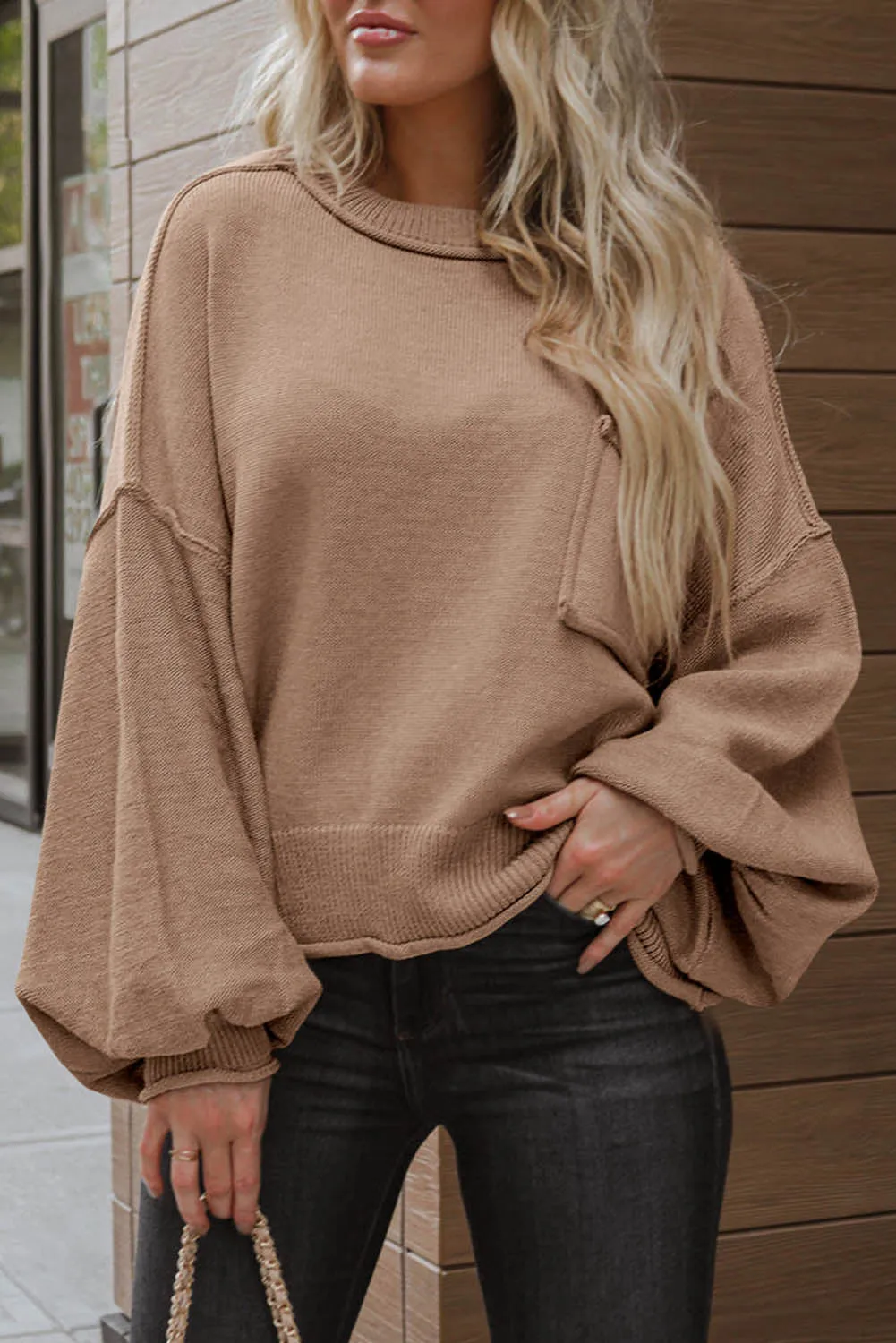 Apricot Raw Edge Patch Pocket Exposed Seam Loose Sweater