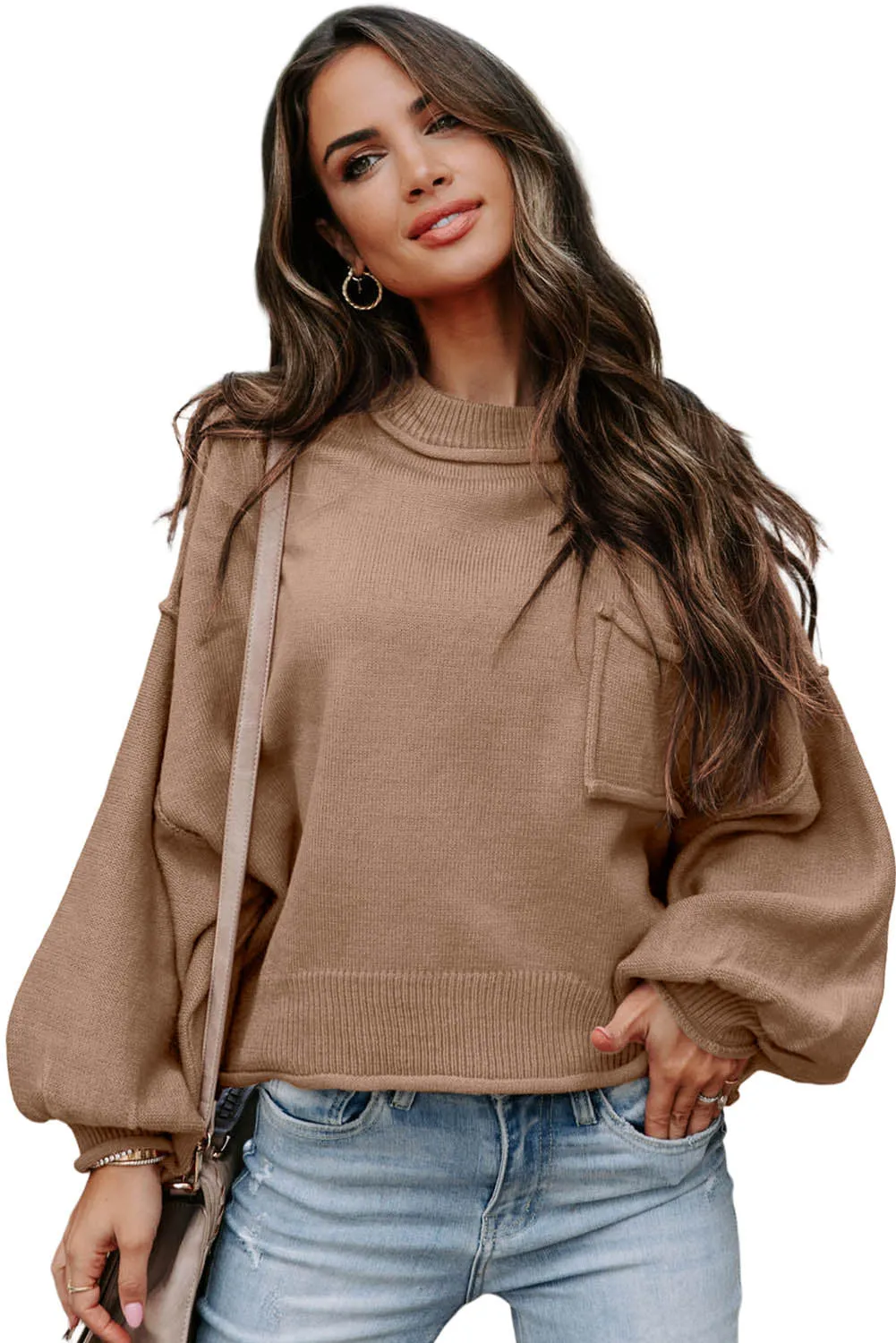 Apricot Raw Edge Patch Pocket Exposed Seam Loose Sweater
