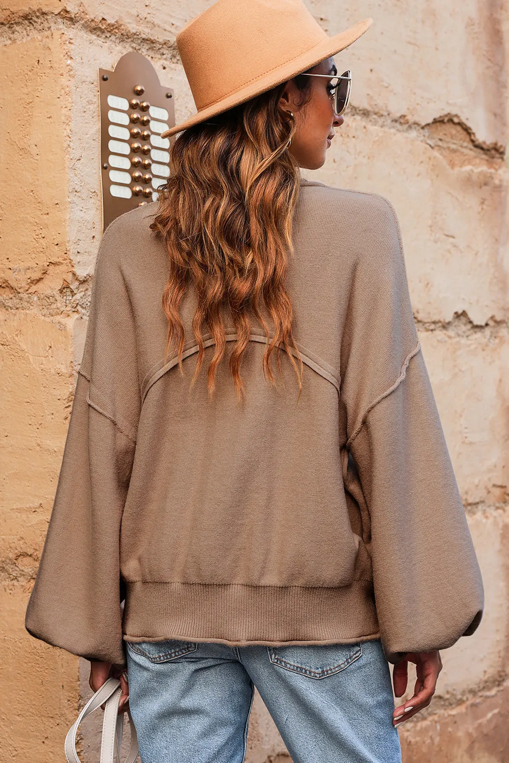 Apricot Raw Edge Patch Pocket Exposed Seam Loose Sweater