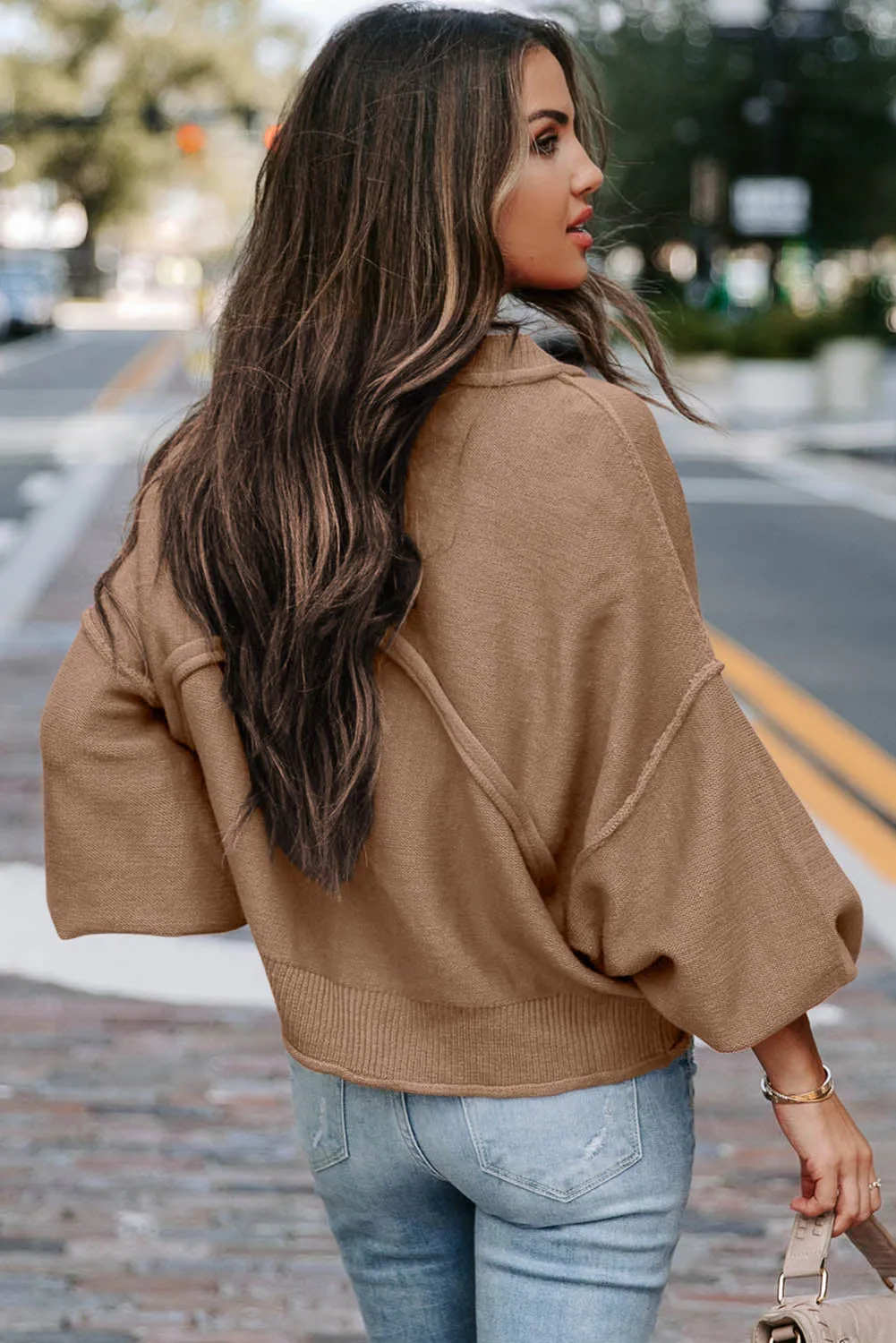 Apricot Raw Edge Patch Pocket Exposed Seam Loose Sweater