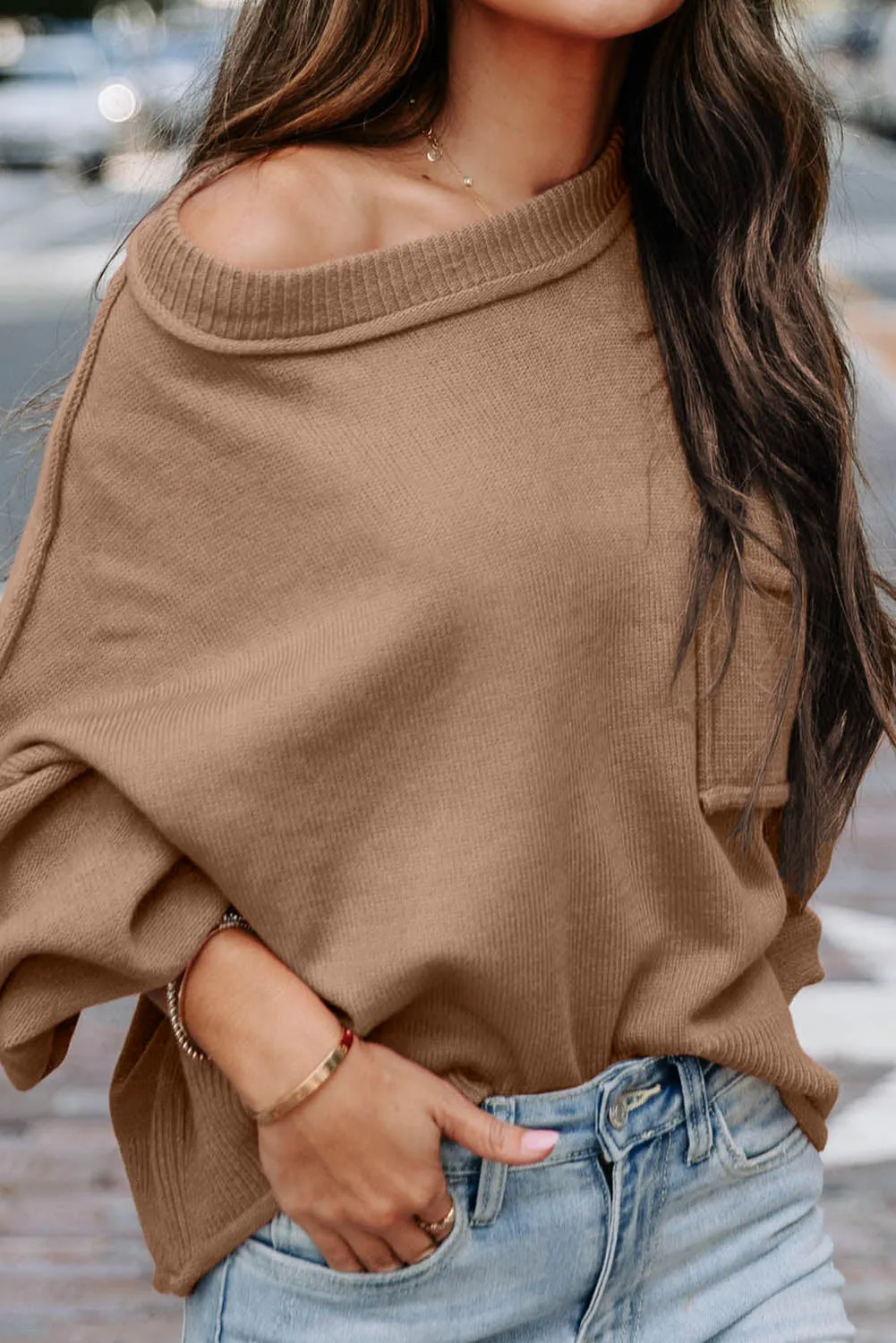 Apricot Raw Edge Patch Pocket Exposed Seam Loose Sweater