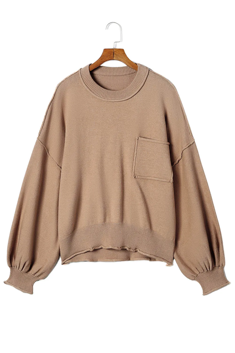 Apricot Raw Edge Patch Pocket Exposed Seam Loose Sweater