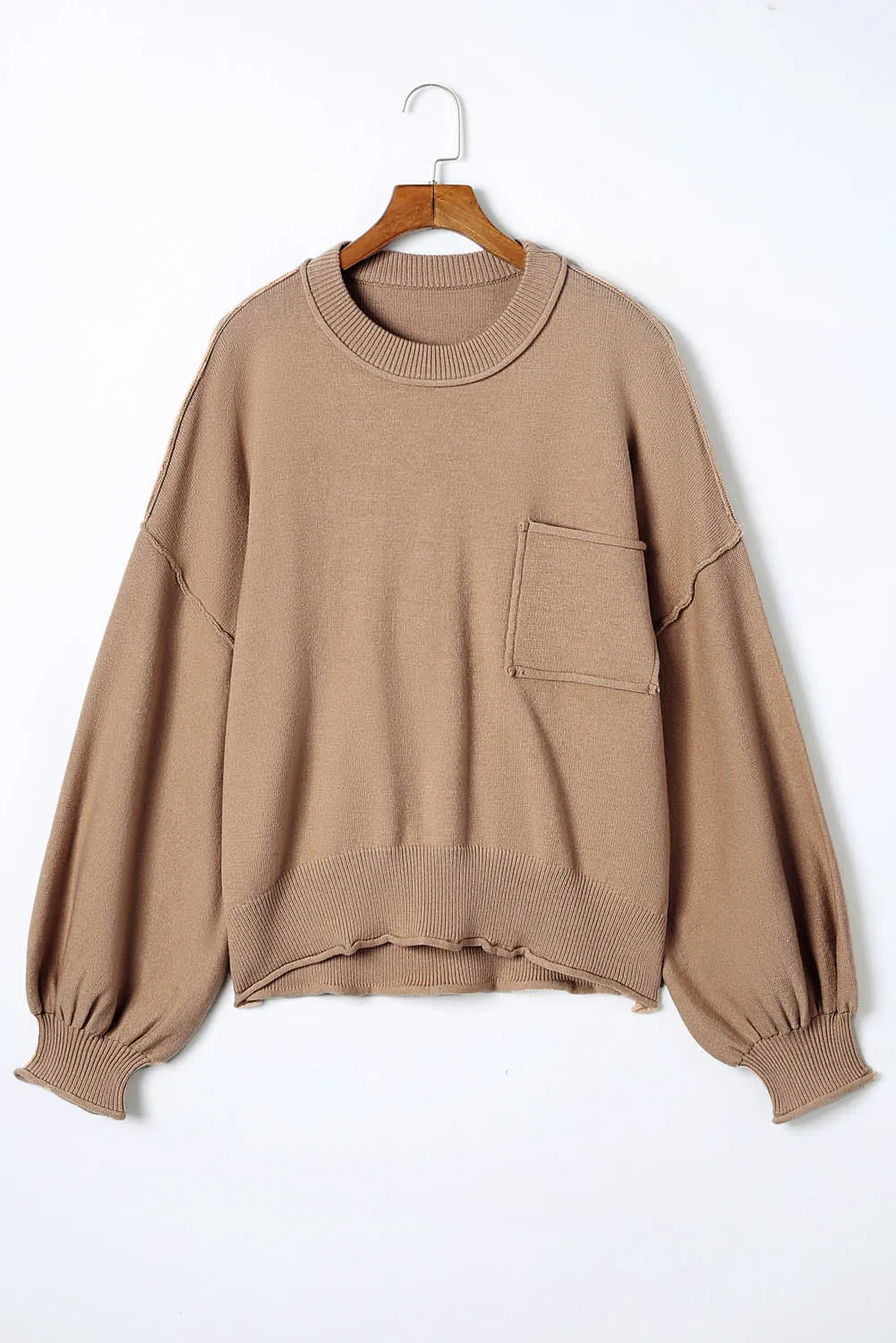 Apricot Raw Edge Patch Pocket Exposed Seam Loose Sweater