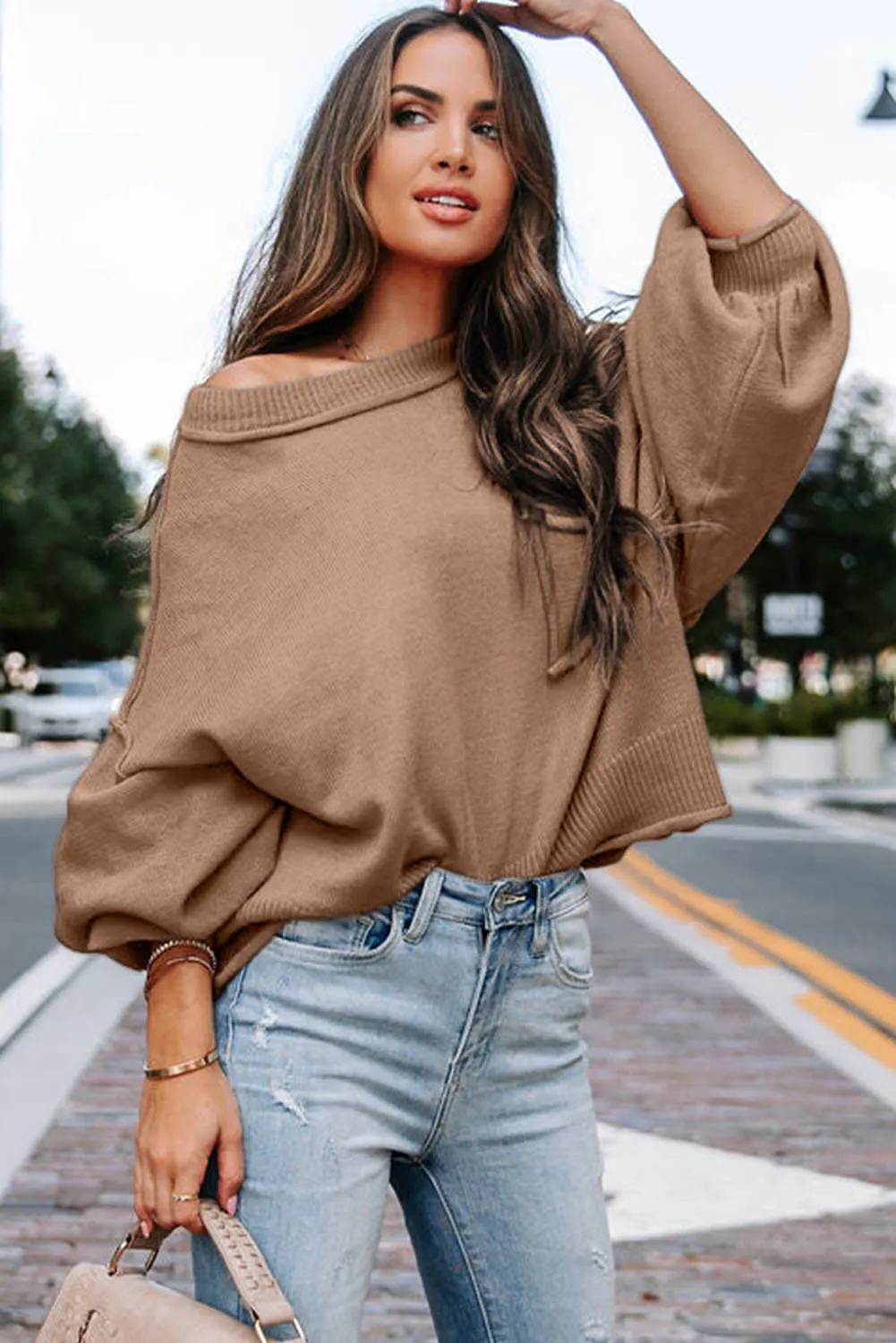 Apricot Raw Edge Patch Pocket Exposed Seam Loose Sweater