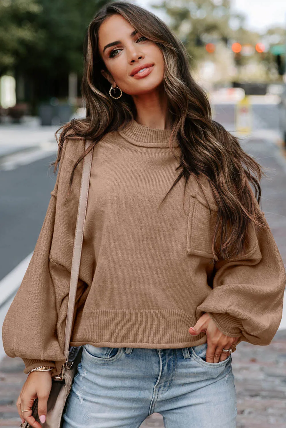 Apricot Raw Edge Patch Pocket Exposed Seam Loose Sweater