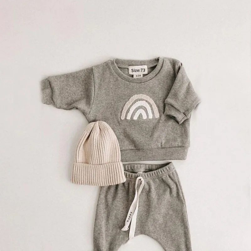 Baby Cartoon Fashion Sun Rainbow Letter Sweatshirt Pants Set