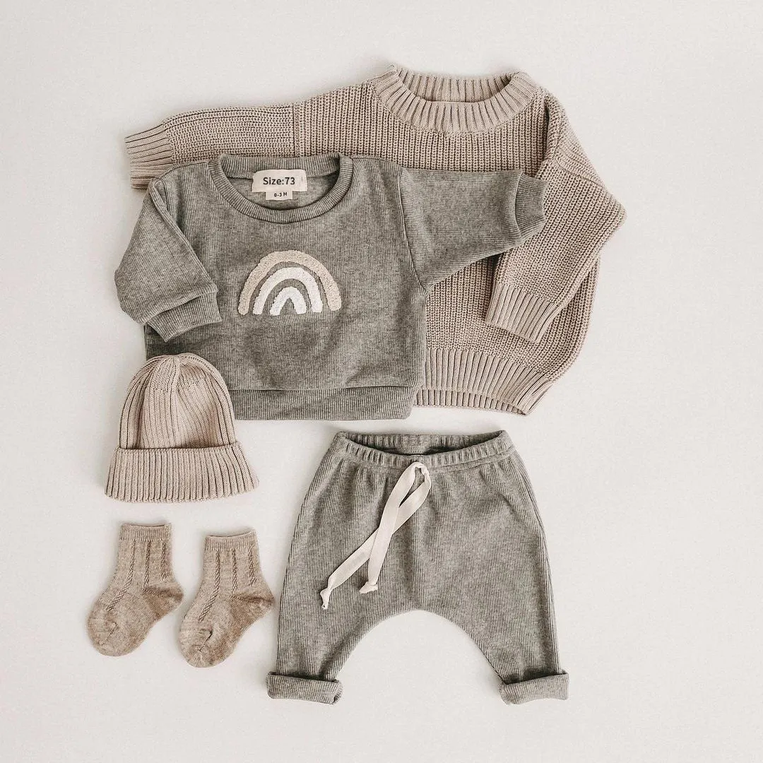 Baby Cartoon Fashion Sun Rainbow Letter Sweatshirt Pants Set