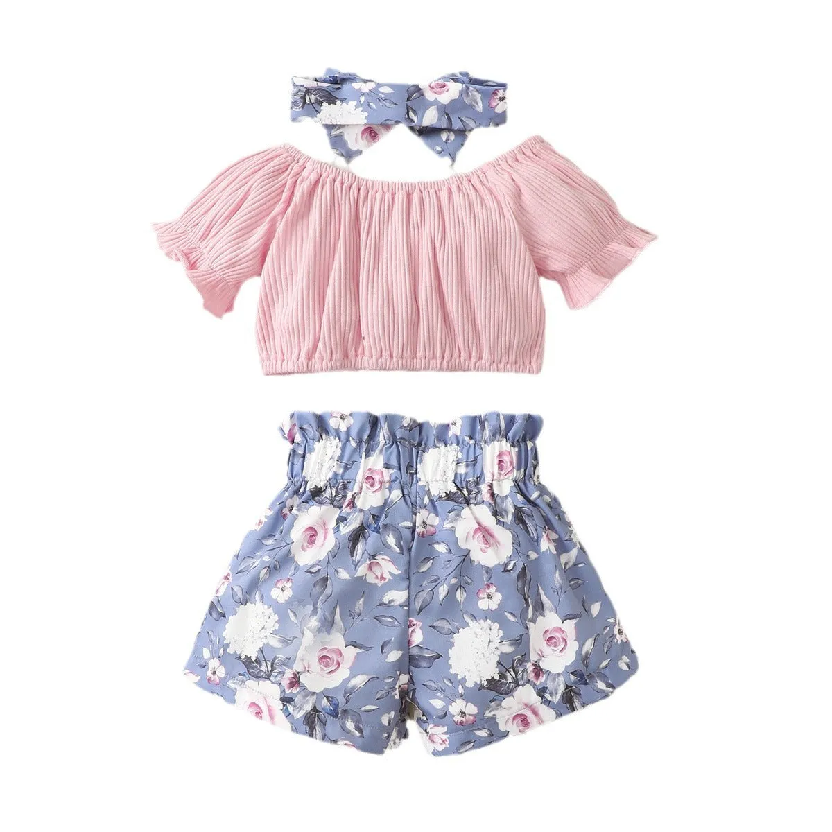 Baby Cute Printed Shorts Suit Short Sleeve T-shirt Pants Headscarf Three-piece Set