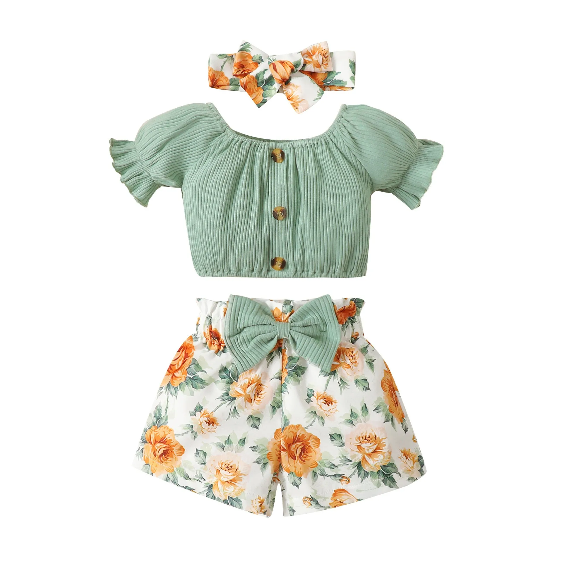 Baby Cute Printed Shorts Suit Short Sleeve T-shirt Pants Headscarf Three-piece Set