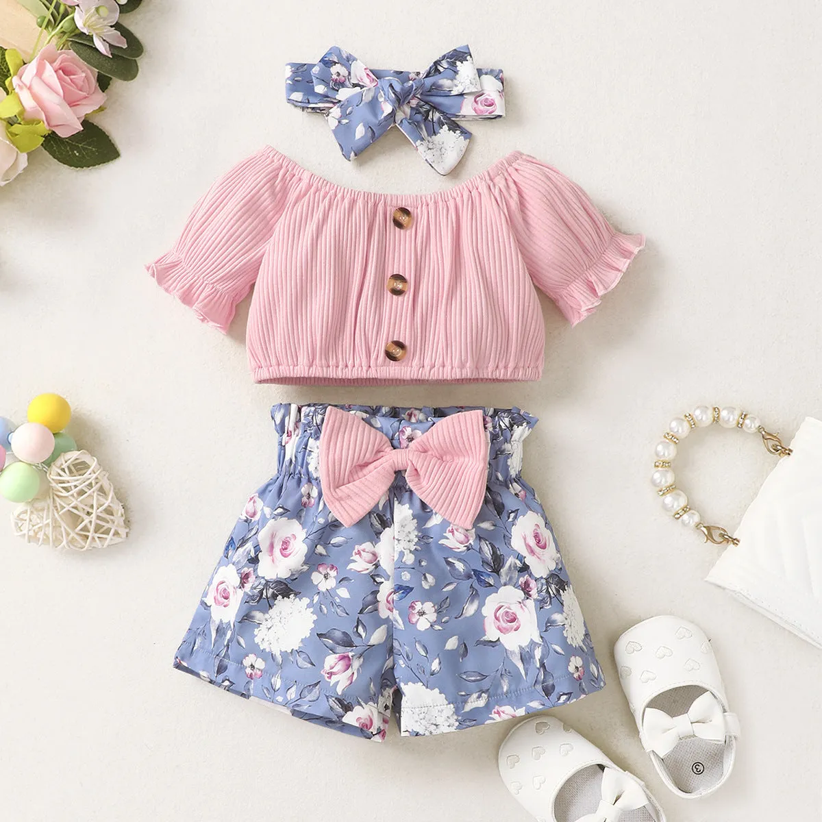 Baby Cute Printed Shorts Suit Short Sleeve T-shirt Pants Headscarf Three-piece Set