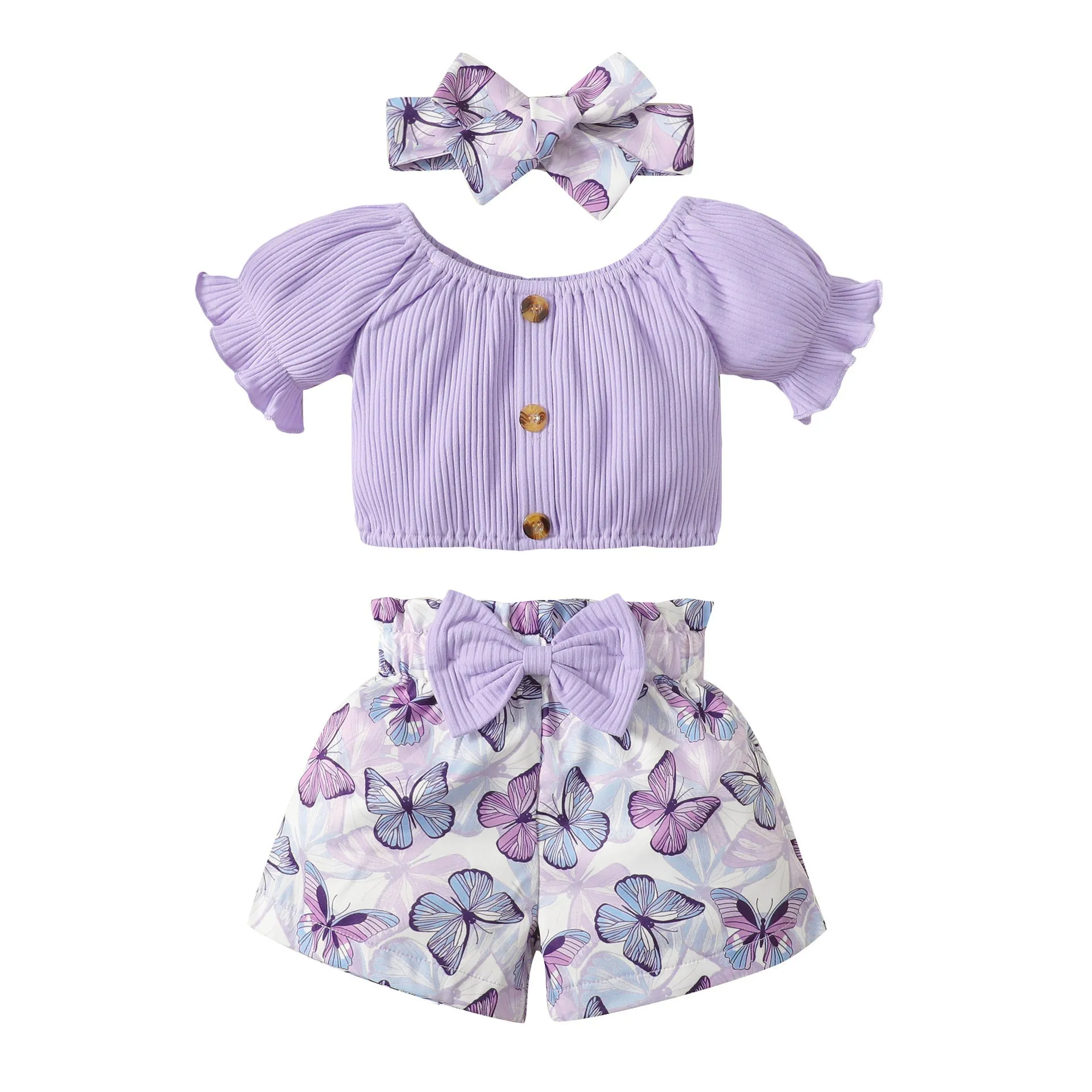 Baby Cute Printed Shorts Suit Short Sleeve T-shirt Pants Headscarf Three-piece Set