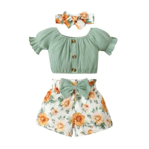 Baby Cute Printed Shorts Suit Short Sleeve T-shirt Pants Headscarf Three-piece Set