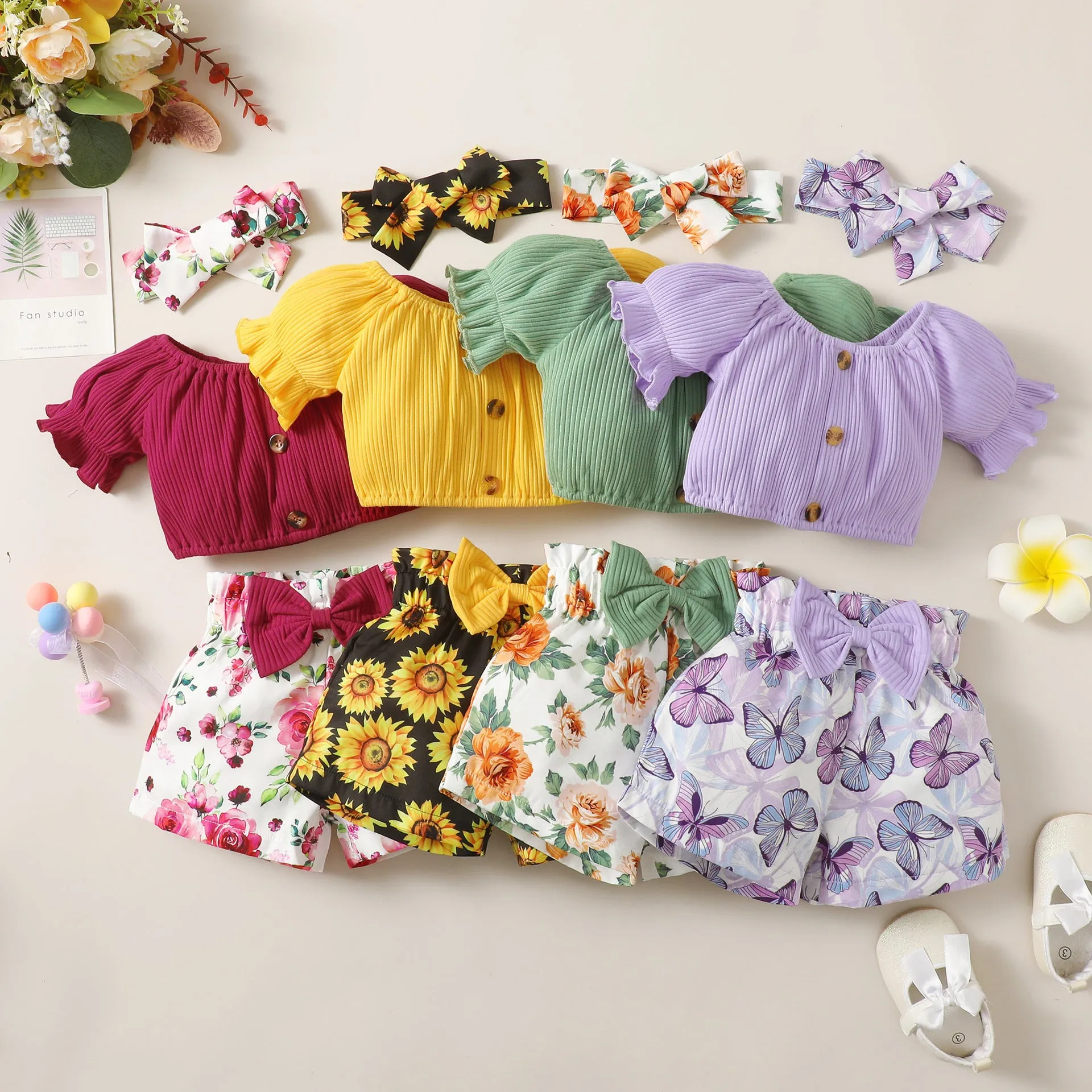 Baby Cute Printed Shorts Suit Short Sleeve T-shirt Pants Headscarf Three-piece Set