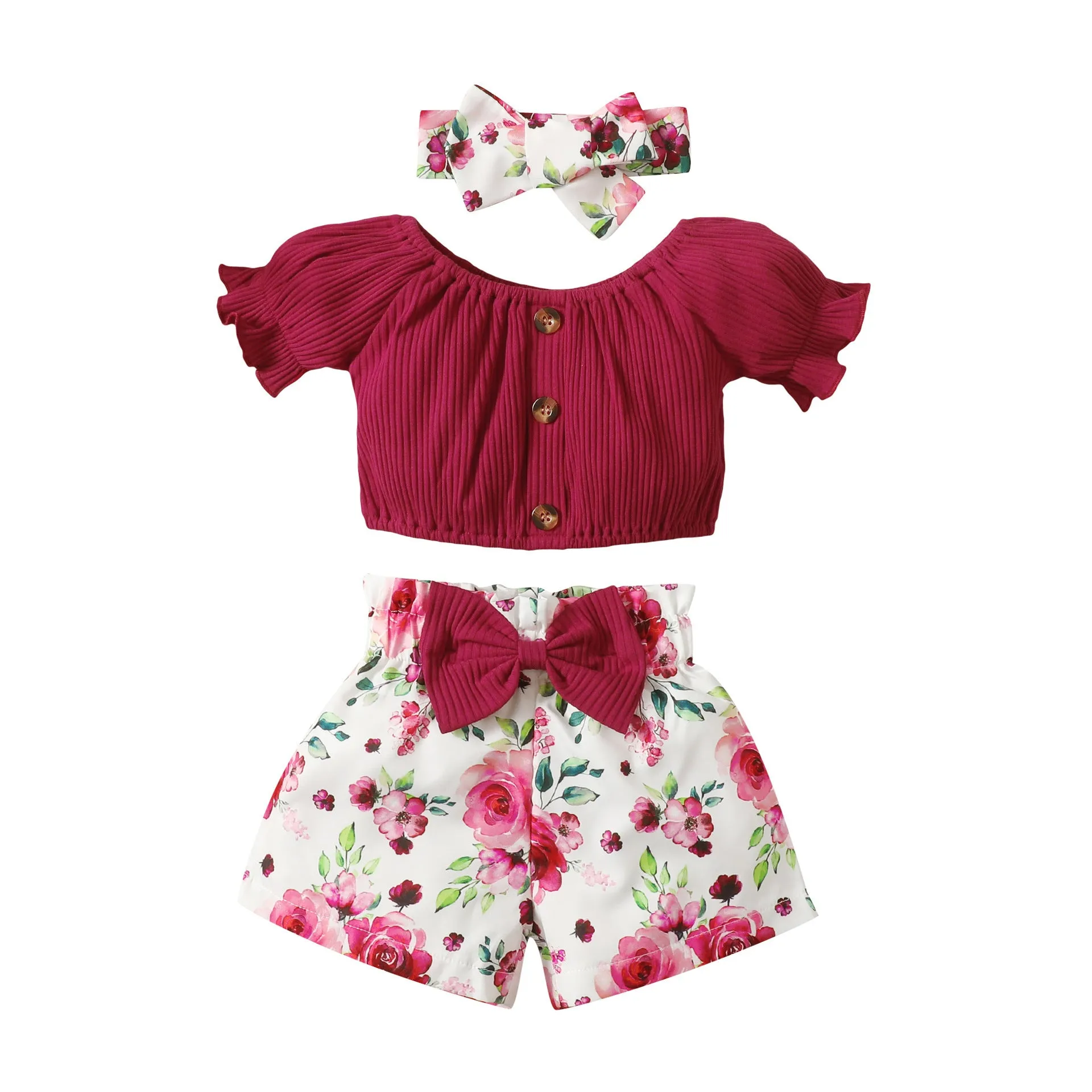 Baby Cute Printed Shorts Suit Short Sleeve T-shirt Pants Headscarf Three-piece Set