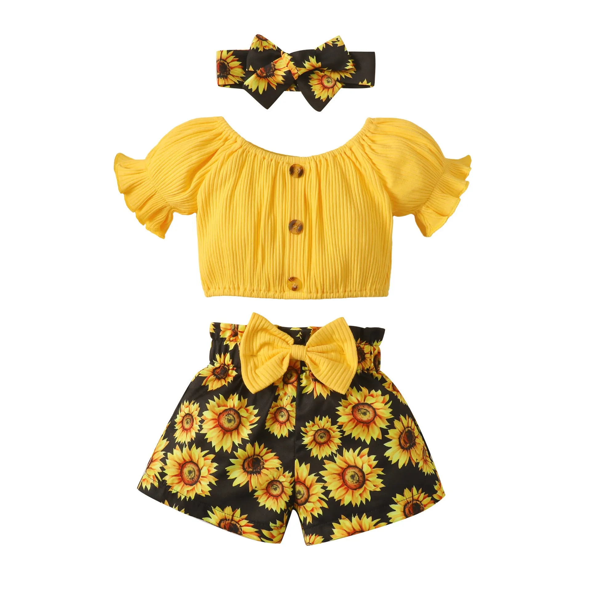 Baby Cute Printed Shorts Suit Short Sleeve T-shirt Pants Headscarf Three-piece Set
