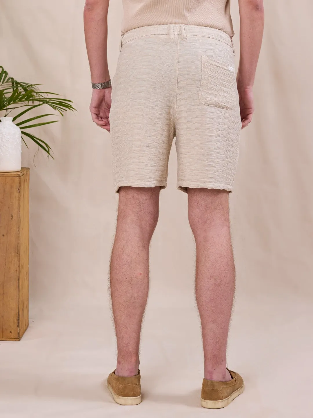Beige Textured Cotton Shorts