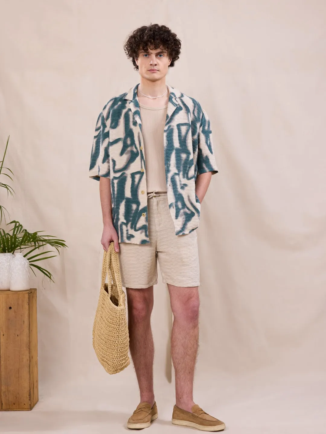 Beige Textured Cotton Shorts