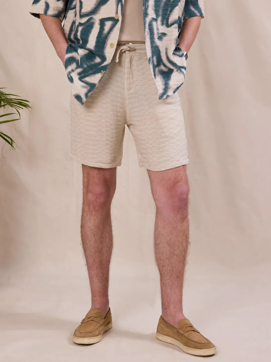 Beige Textured Cotton Shorts