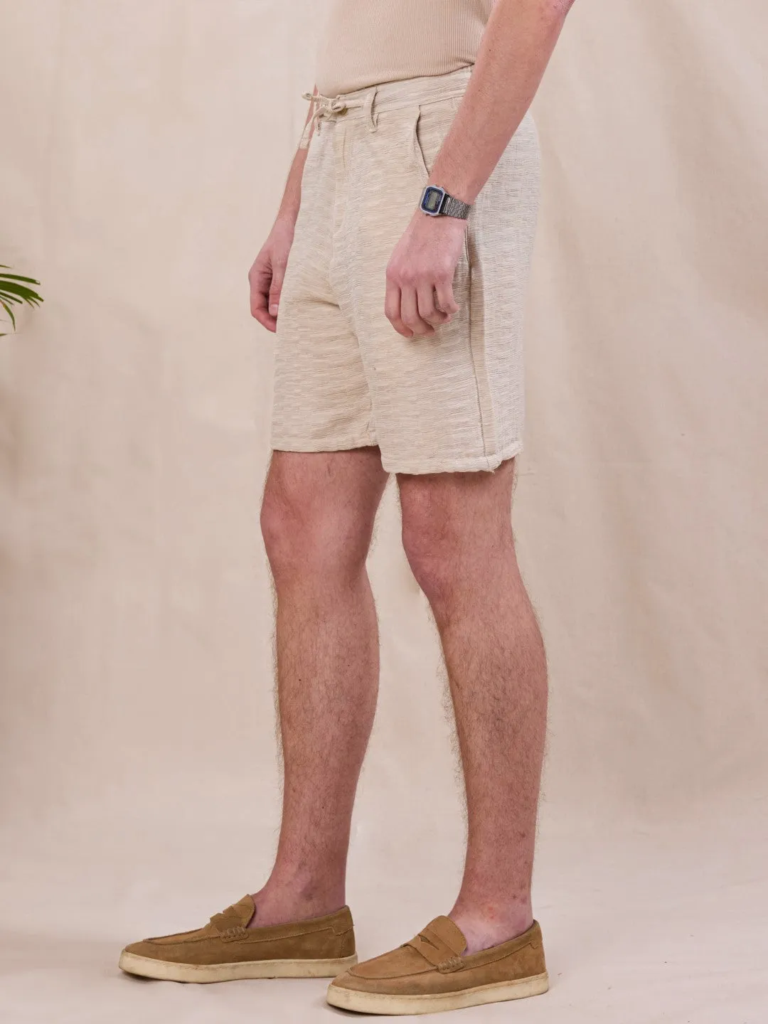 Beige Textured Cotton Shorts