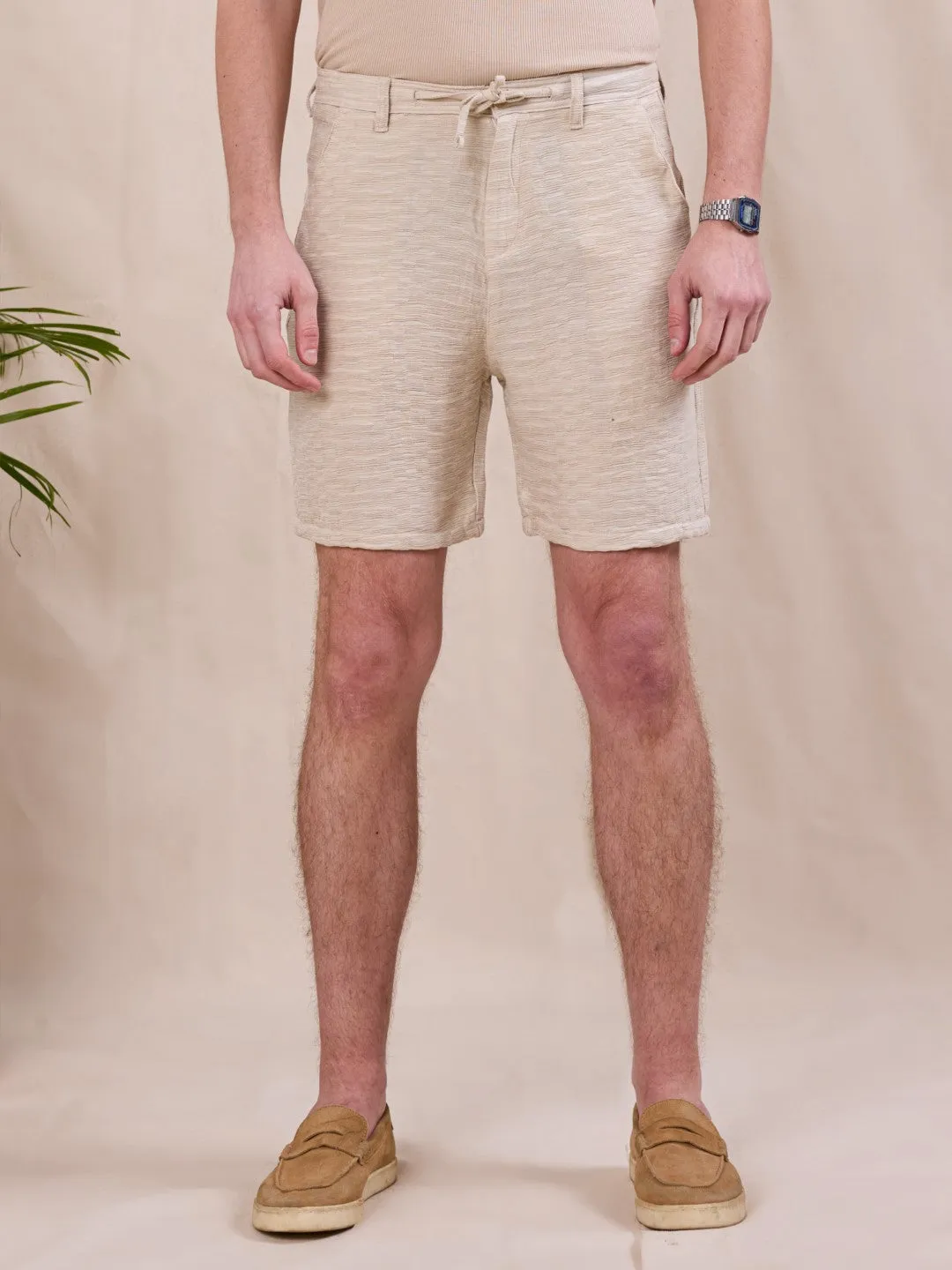 Beige Textured Cotton Shorts