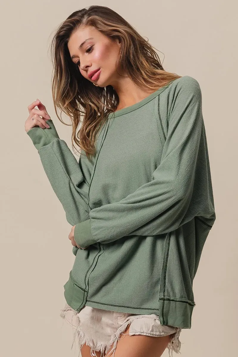 BiBi Cross Hatch Knit Uneven Hem Cont Lslv Top