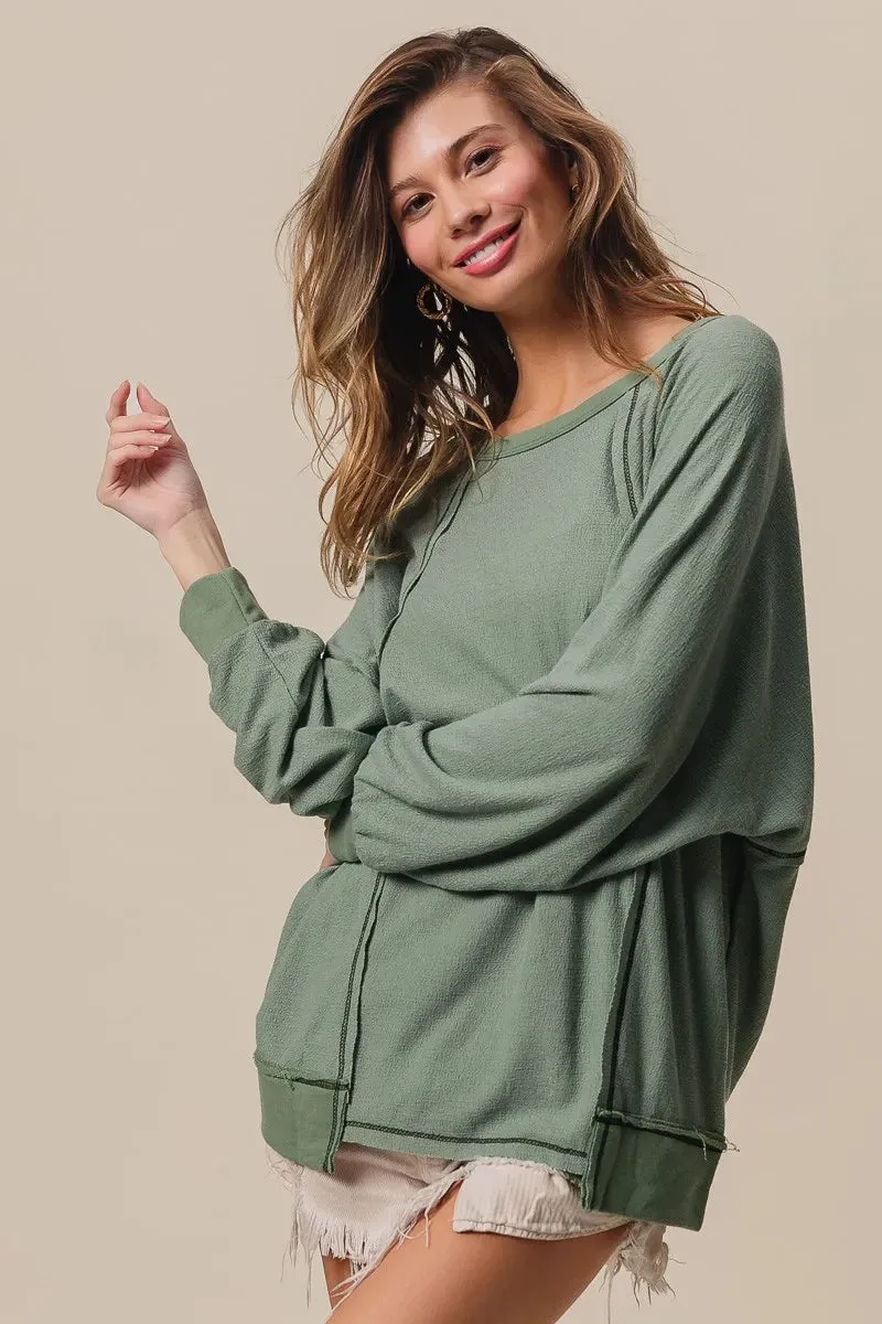 BiBi Cross Hatch Knit Uneven Hem Cont Lslv Top