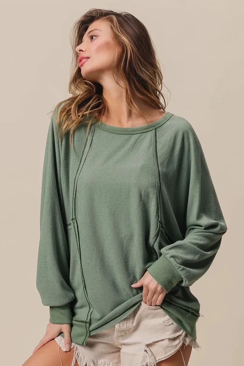BiBi Cross Hatch Knit Uneven Hem Cont Lslv Top