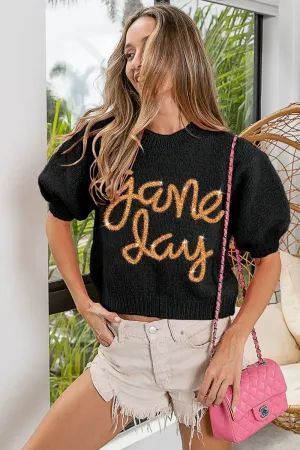 BiBi Game Day Metallic Letter Short Puff Sleeve Sweater