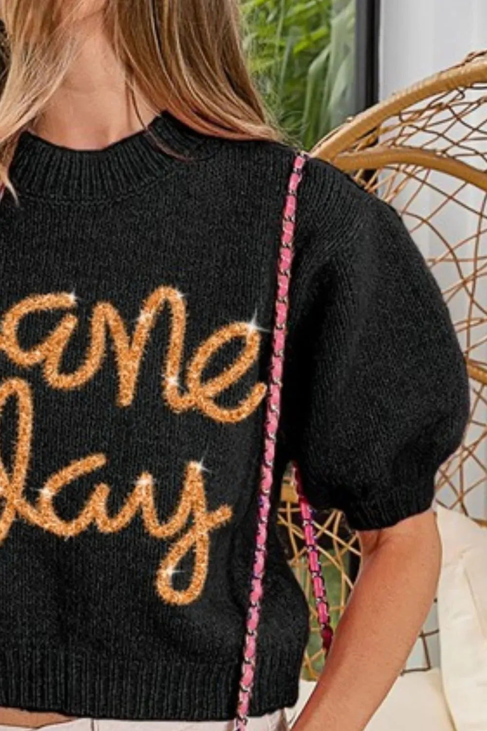 BiBi Game Day Metallic Letter Short Puff Sleeve Sweater
