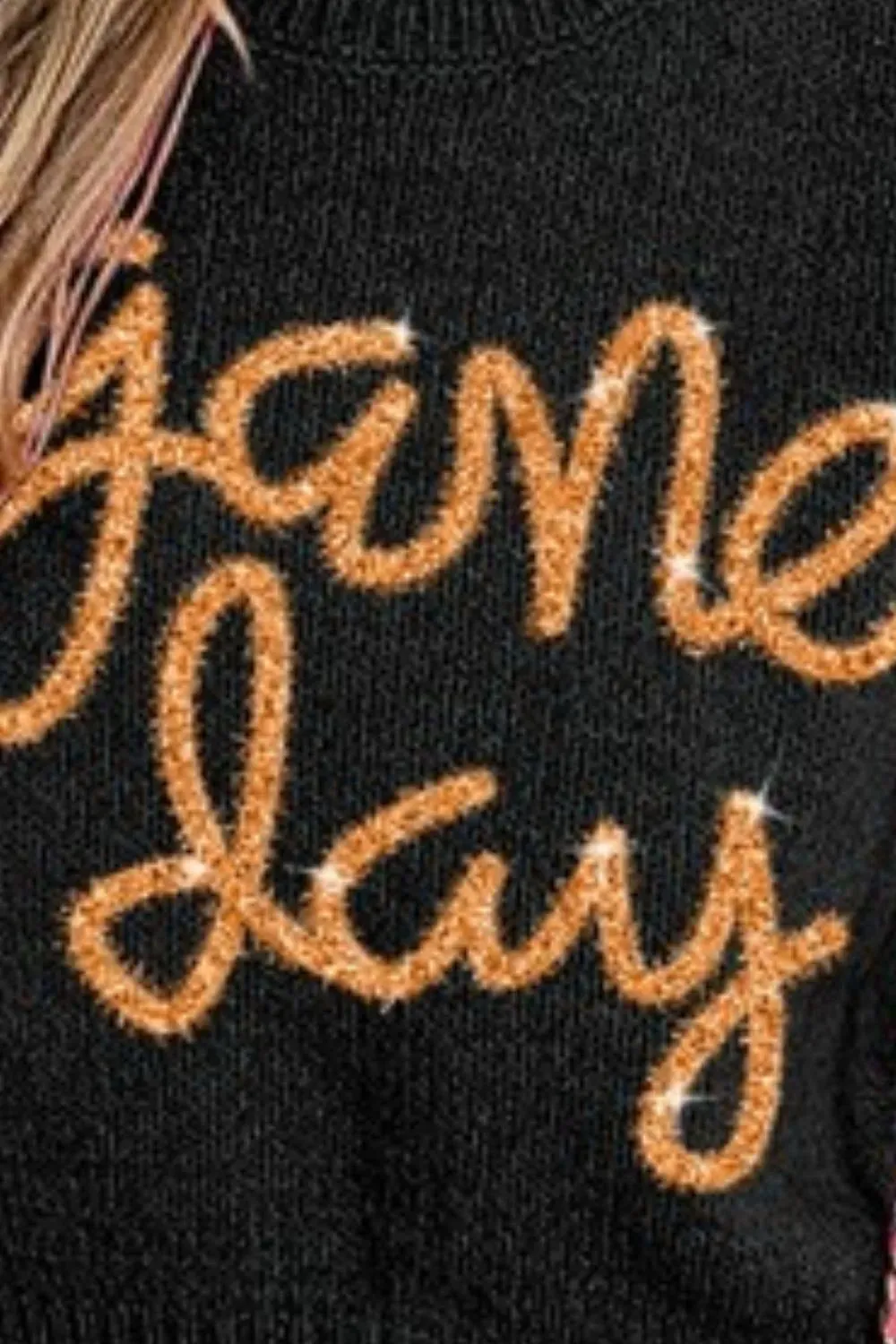 BiBi Game Day Metallic Letter Short Puff Sleeve Sweater