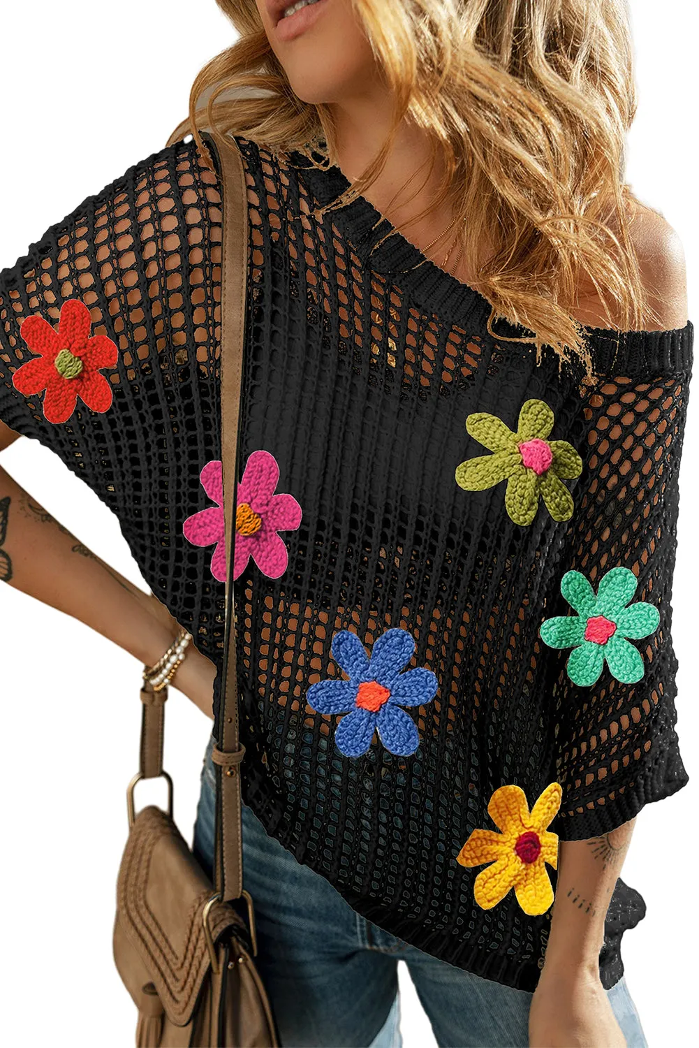 Black Big Flower Crochet Loose Sweater T Shirt