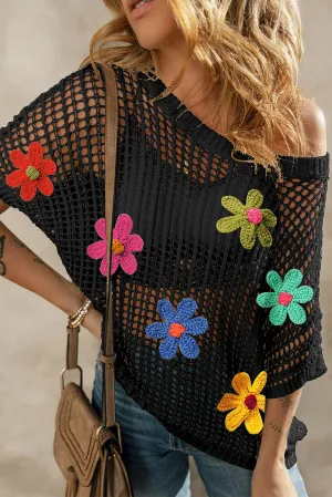 Black Big Flower Crochet Loose Sweater T Shirt
