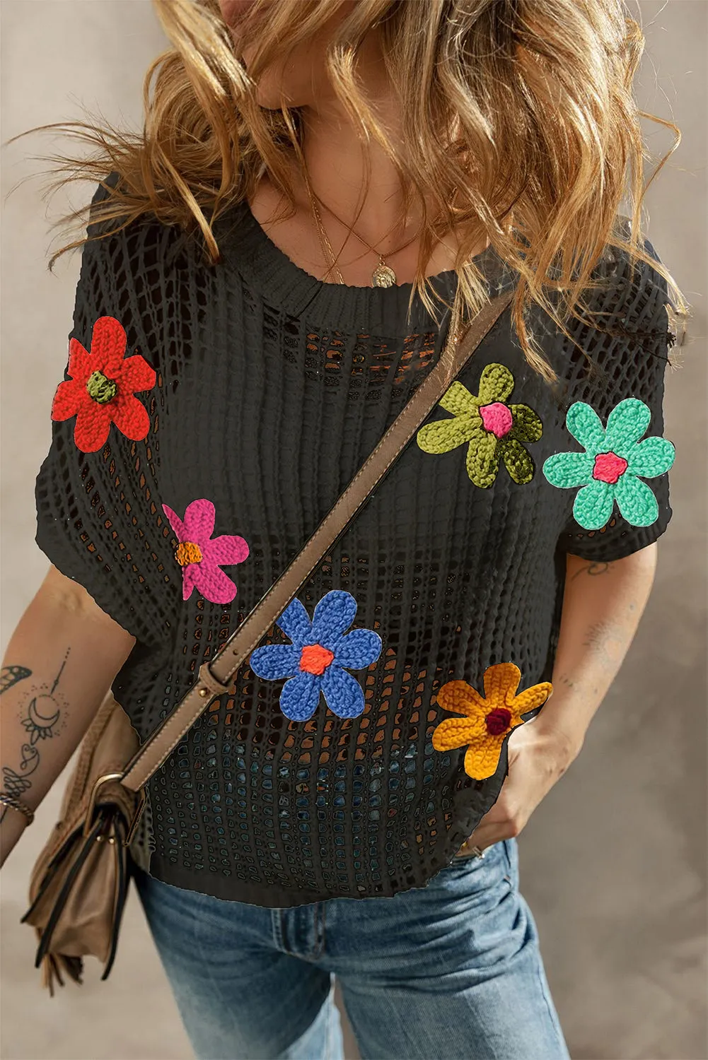 Black Big Flower Crochet Loose Sweater T Shirt