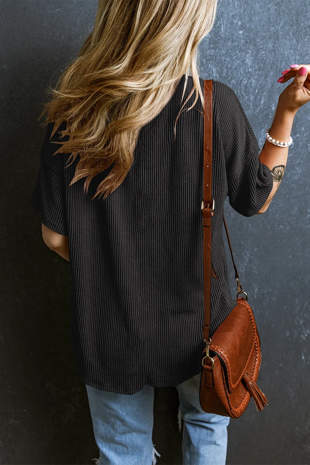 Black Corded V Neck Chest Pocket Loose T-shirt