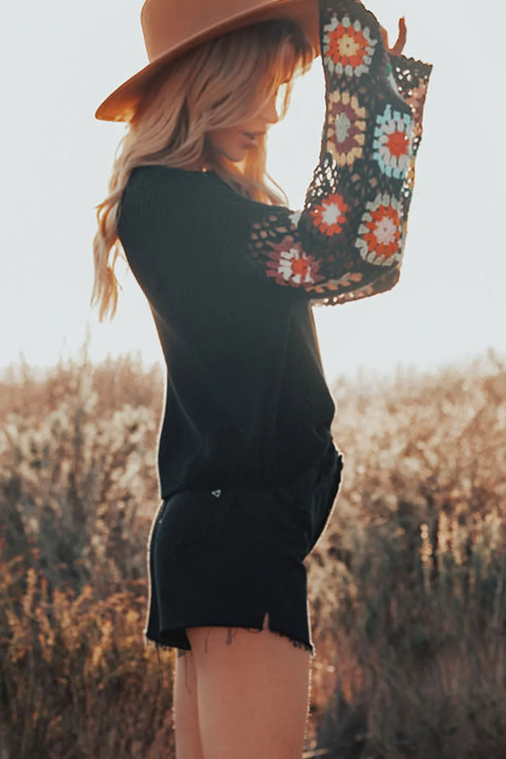 Black Floral Crochet Bell Sleeve Loose Sweater