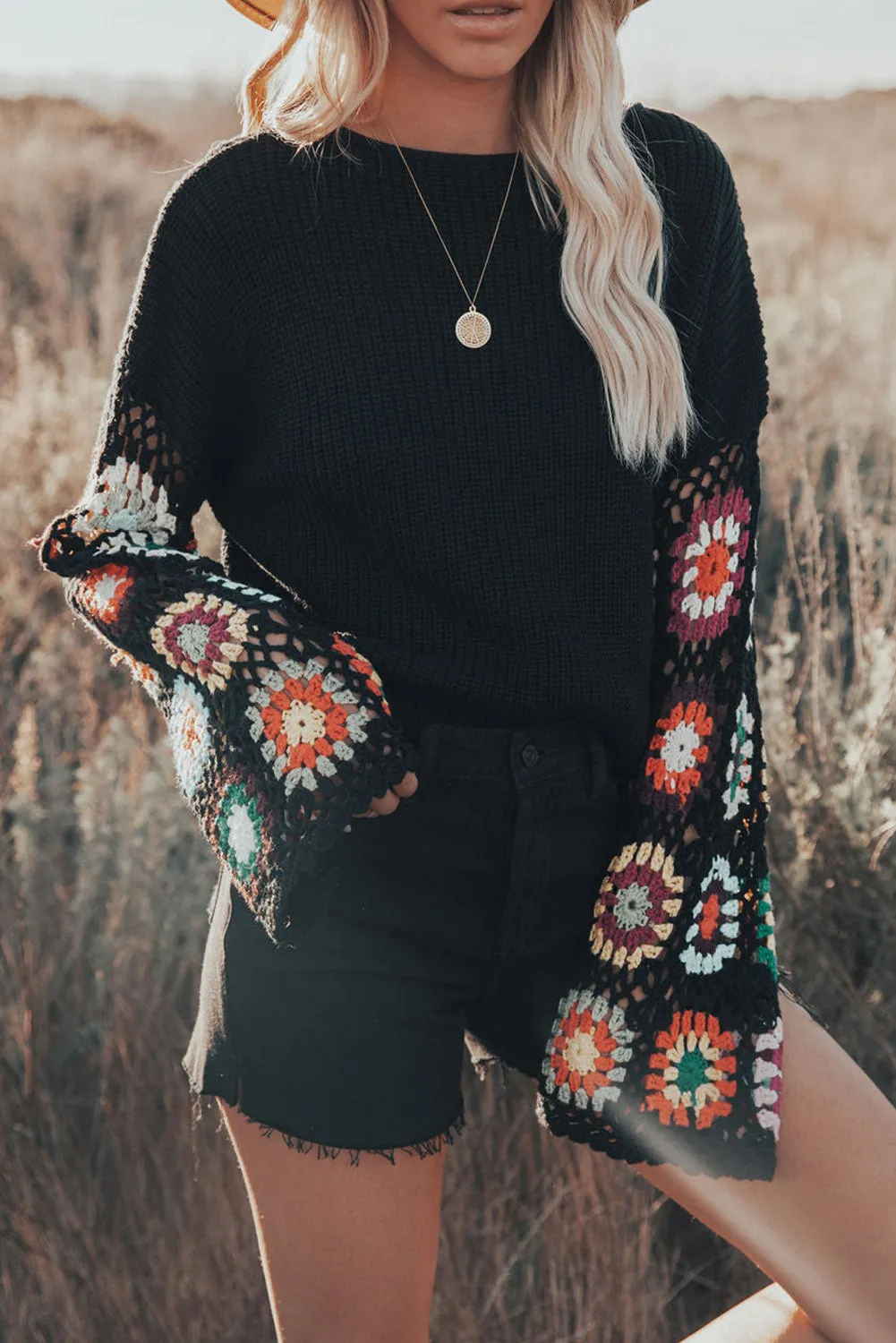 Black Floral Crochet Bell Sleeve Loose Sweater